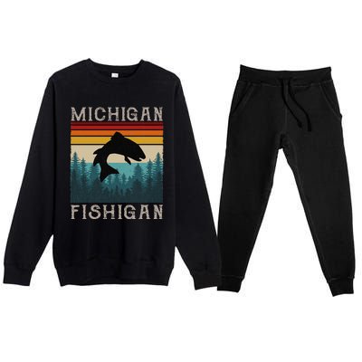 Vintage Fishing Michigan Pun Michigan Fishigan Premium Crewneck Sweatsuit Set