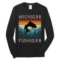 Vintage Fishing Michigan Pun Michigan Fishigan Tall Long Sleeve T-Shirt