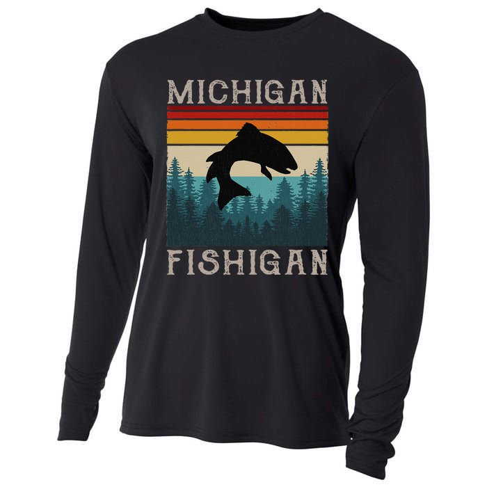 Vintage Fishing Michigan Pun Michigan Fishigan Cooling Performance Long Sleeve Crew