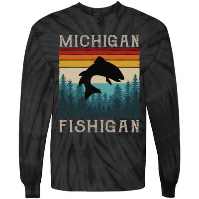 Vintage Fishing Michigan Pun Michigan Fishigan Tie-Dye Long Sleeve Shirt