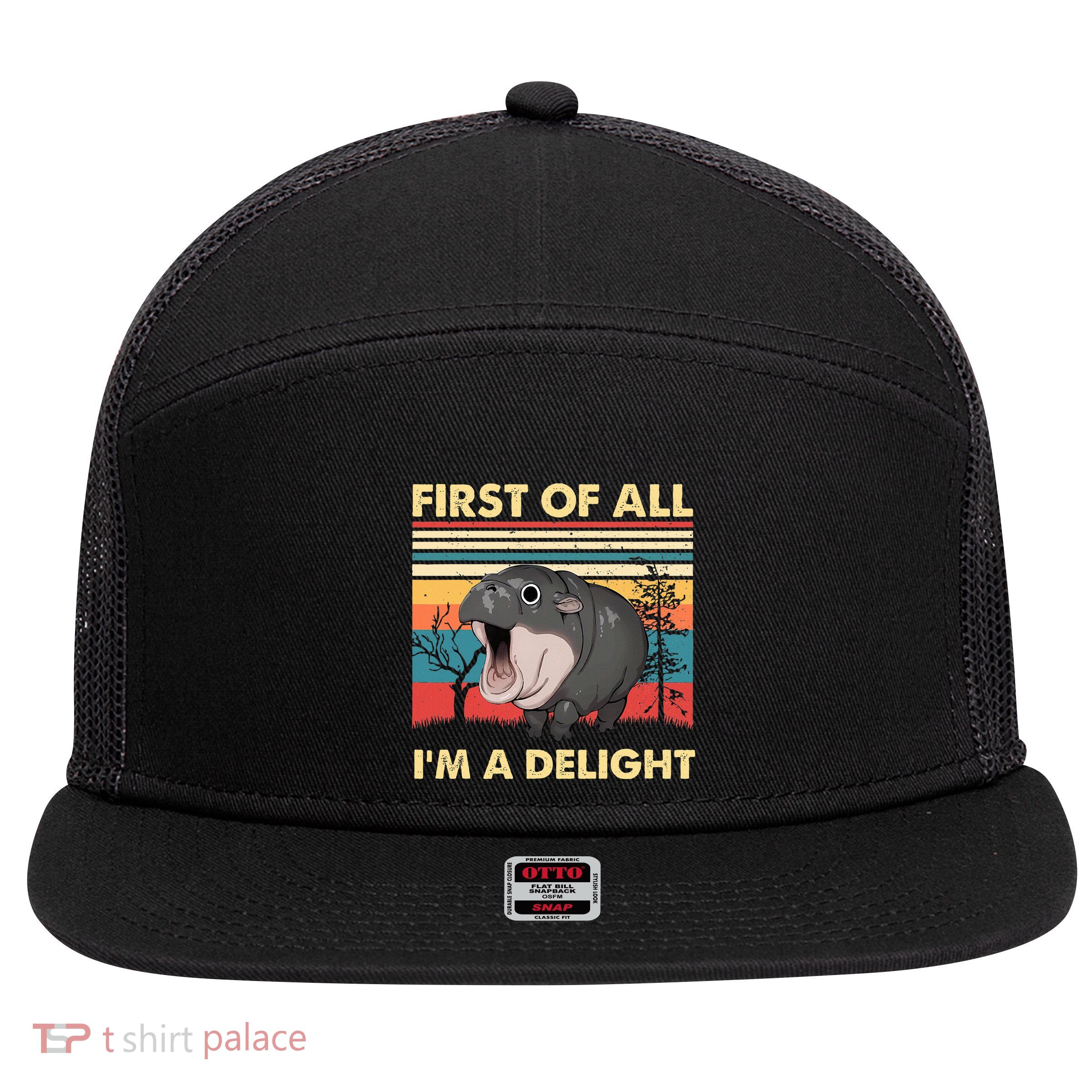 Vintage First Of All IM A Delight Moo Deng Baby Pygmy Hippo 7 Panel Mesh Trucker Snapback Hat