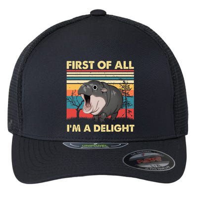 Vintage First Of All IM A Delight Moo Deng Baby Pygmy Hippo Flexfit Unipanel Trucker Cap