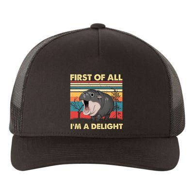Vintage First Of All IM A Delight Moo Deng Baby Pygmy Hippo Yupoong Adult 5-Panel Trucker Hat