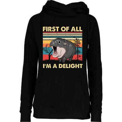 Vintage First Of All IM A Delight Moo Deng Baby Pygmy Hippo Womens Funnel Neck Pullover Hood