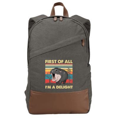 Vintage First Of All IM A Delight Moo Deng Baby Pygmy Hippo Cotton Canvas Backpack
