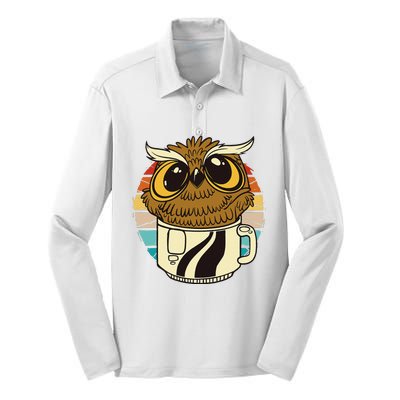 Vintage funny owl inside a coffee cup coffee night owl  Silk Touch Performance Long Sleeve Polo