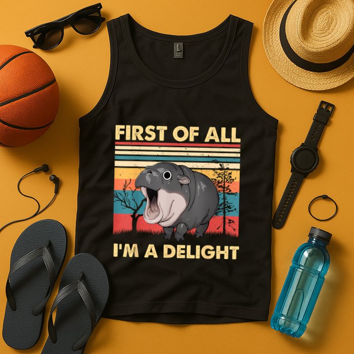Vintage First Of All IM A Delight Moo Deng Baby Pygmy Hippo Tank Top