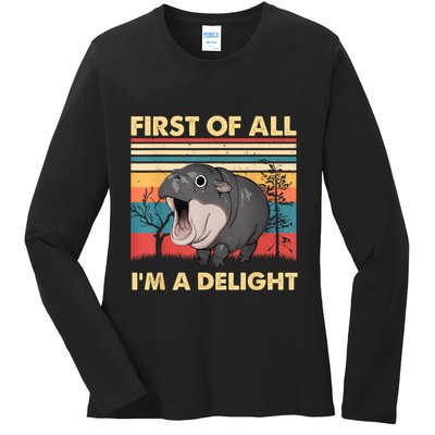 Vintage First Of All IM A Delight Moo Deng Baby Pygmy Hippo Ladies Long Sleeve Shirt