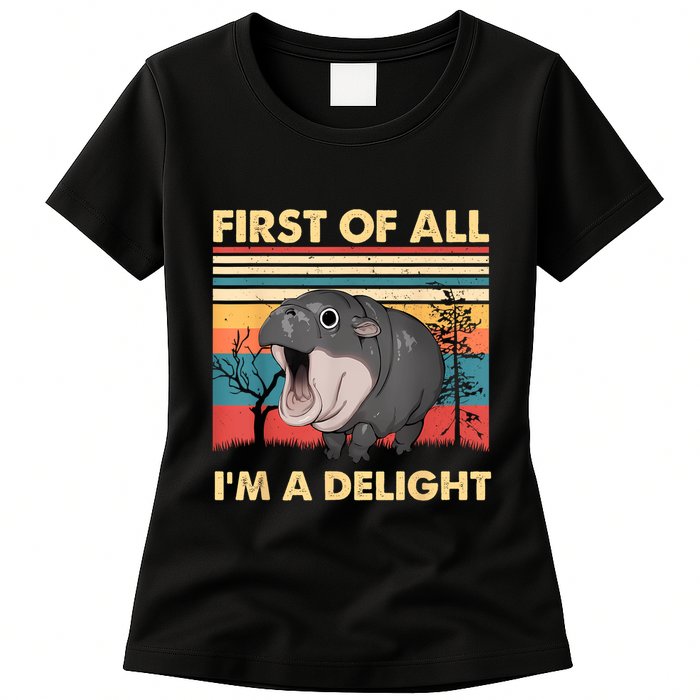 Vintage First Of All IM A Delight Moo Deng Baby Pygmy Hippo Womens T-Shirt
