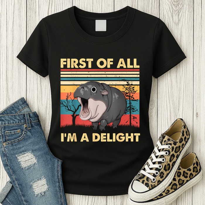 Vintage First Of All IM A Delight Moo Deng Baby Pygmy Hippo Womens T-Shirt