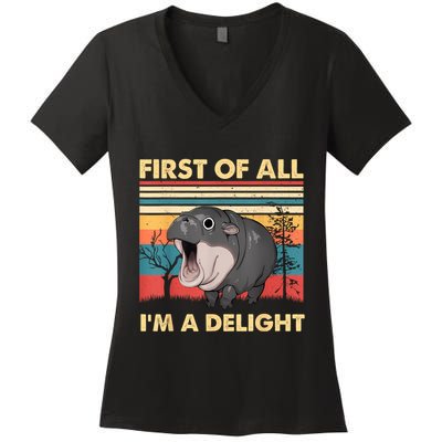 Vintage First Of All IM A Delight Moo Deng Baby Pygmy Hippo Women's V-Neck T-Shirt