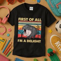 Vintage First Of All IM A Delight Moo Deng Baby Pygmy Hippo Kids T-Shirt