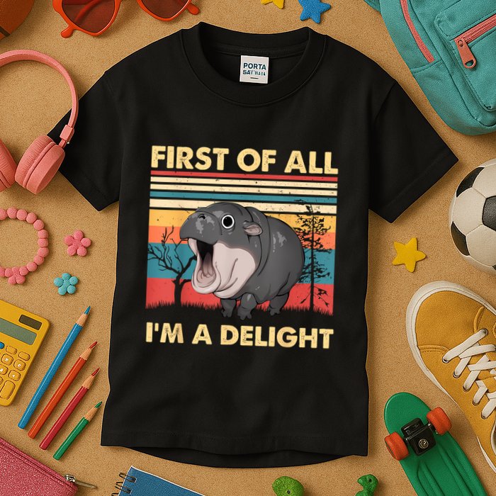 Vintage First Of All IM A Delight Moo Deng Baby Pygmy Hippo Kids T-Shirt