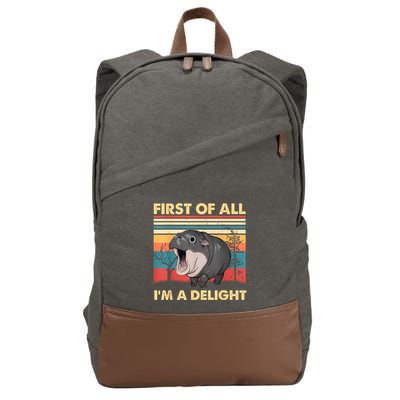 Vintage First Of All IM A Delight Moo Deng Baby Pygmy Hippo Cotton Canvas Backpack