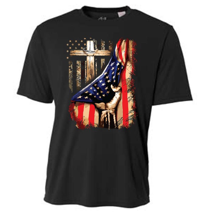 Vintage Faith Over Fear Christian Cross American Flag Cooling Performance Crew T-Shirt