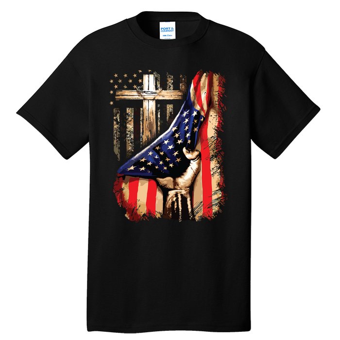 Vintage Faith Over Fear Christian Cross American Flag Tall T-Shirt