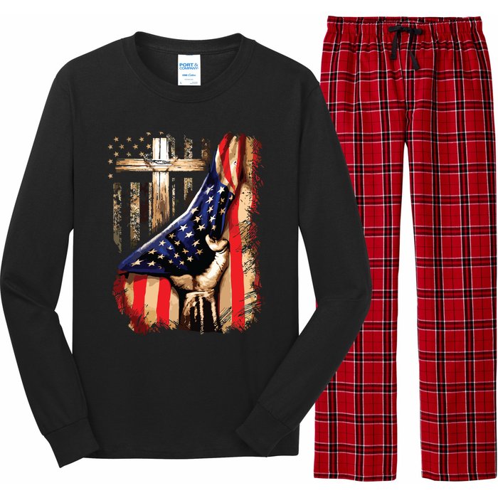 Vintage Faith Over Fear Christian Cross American Flag Long Sleeve Pajama Set