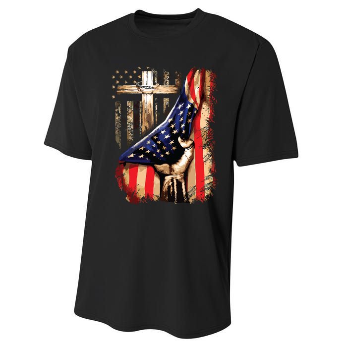 Vintage Faith Over Fear Christian Cross American Flag Performance Sprint T-Shirt