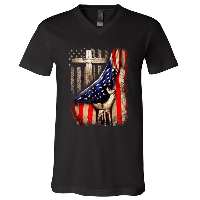 Vintage Faith Over Fear Christian Cross American Flag V-Neck T-Shirt