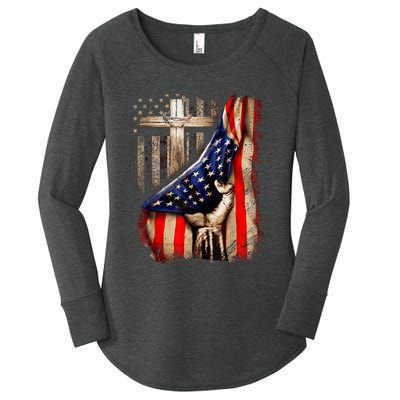 Vintage Faith Over Fear Christian Cross American Flag Women's Perfect Tri Tunic Long Sleeve Shirt