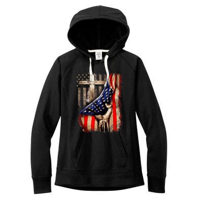 Vintage Faith Over Fear Christian Cross American Flag Women's Fleece Hoodie