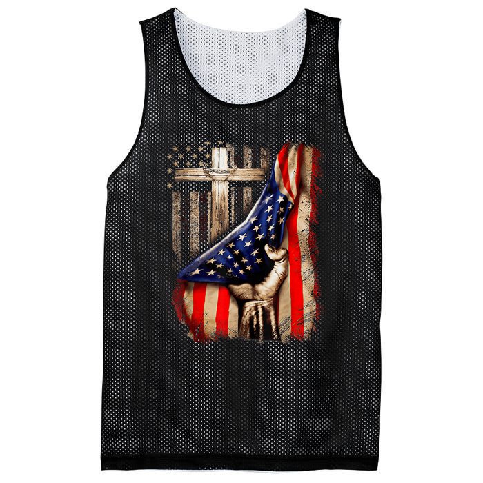 Vintage Faith Over Fear Christian Cross American Flag Mesh Reversible Basketball Jersey Tank