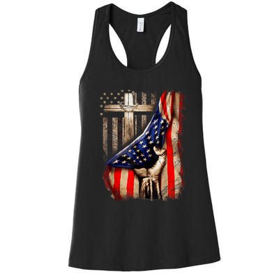 Vintage Faith Over Fear Christian Cross American Flag Women's Racerback Tank