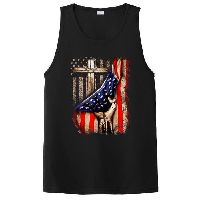 Vintage Faith Over Fear Christian Cross American Flag PosiCharge Competitor Tank