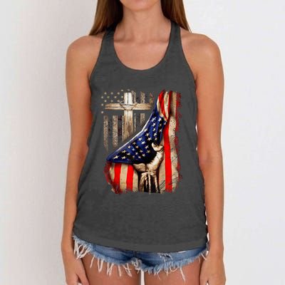 Vintage Faith Over Fear Christian Cross American Flag Women's Knotted Racerback Tank