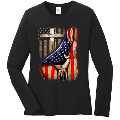 Vintage Faith Over Fear Christian Cross American Flag Ladies Long Sleeve Shirt