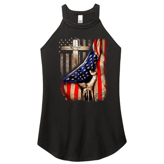 Vintage Faith Over Fear Christian Cross American Flag Women’s Perfect Tri Rocker Tank