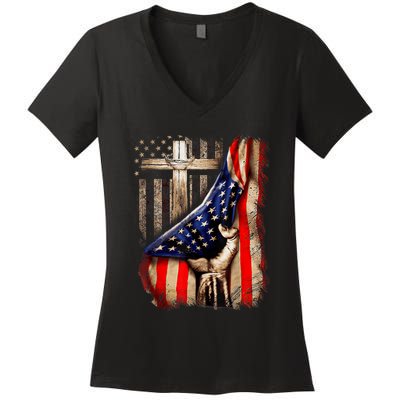 Vintage Faith Over Fear Christian Cross American Flag Women's V-Neck T-Shirt