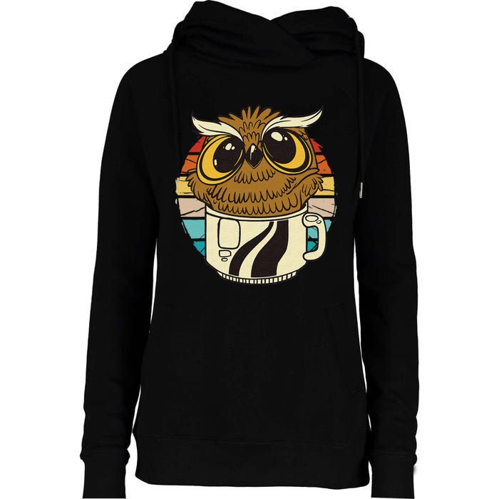 Vintage funny owl inside a coffee cup, coffee night owl Womens Funnel Neck Pullover Hood