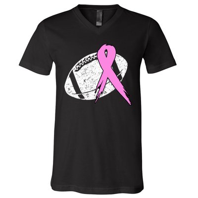 Vintage Football Pink Ribbon Breast Cancer V-Neck T-Shirt