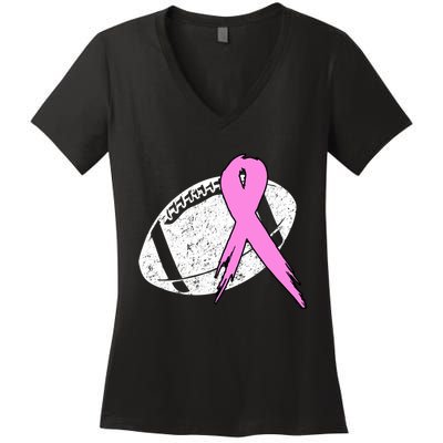 Vintage Football Pink Ribbon Breast Cancer Women's V-Neck T-Shirt