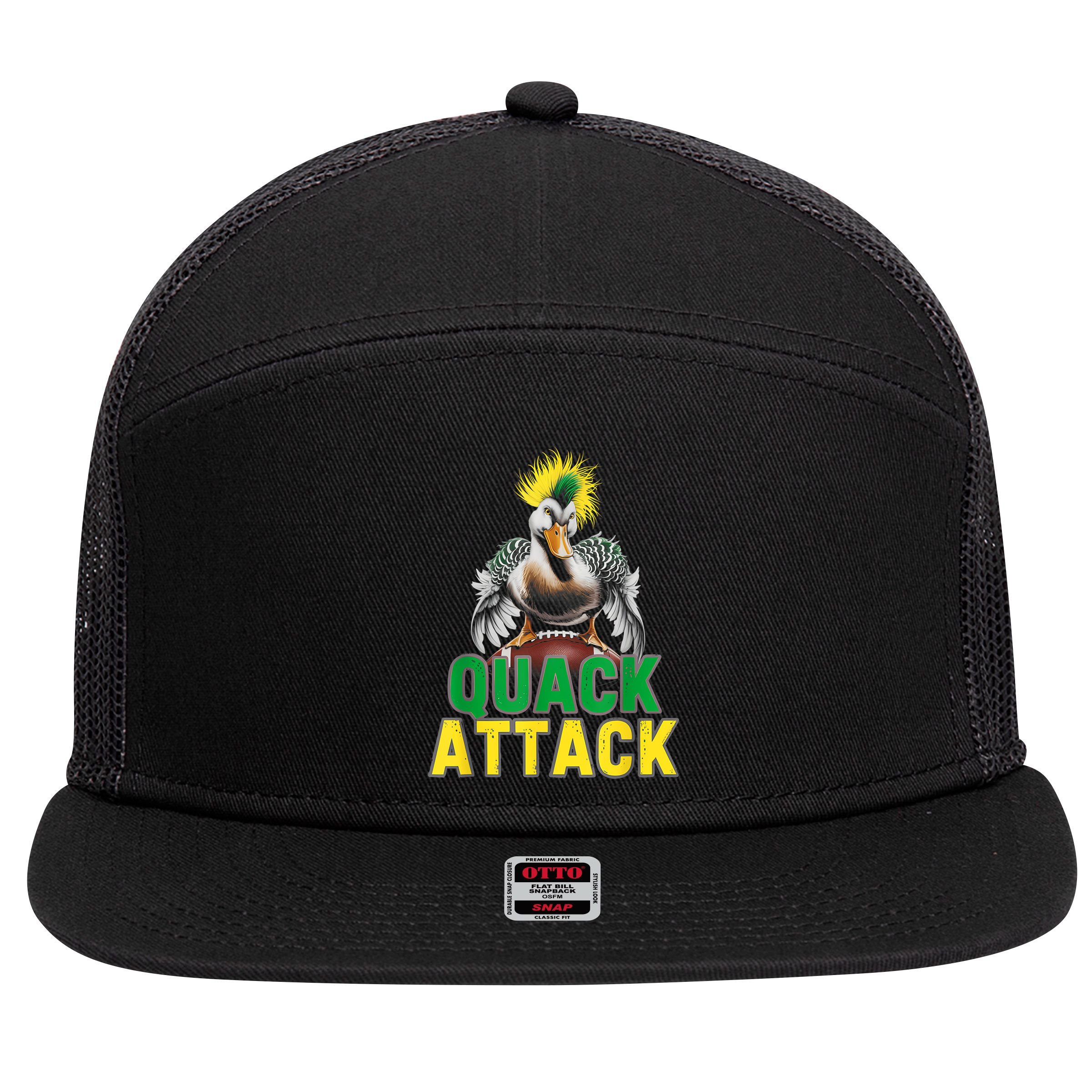 Vintage Funny Quack Attack White Green And Yellow Duck 7 Panel Mesh Trucker Snapback Hat