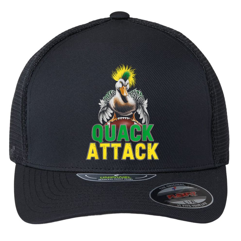 Vintage Funny Quack Attack White Green And Yellow Duck Flexfit Unipanel Trucker Cap