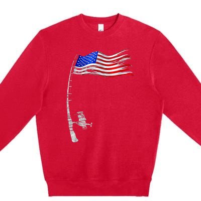 Vintage Fishing Rod American Flag Funny Fishing Gift Premium Crewneck Sweatshirt