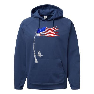 Vintage Fishing Rod American Flag Funny Fishing Gift Performance Fleece Hoodie