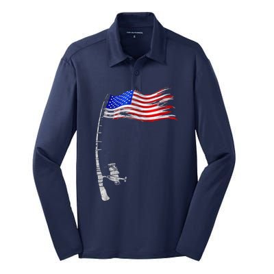 Vintage Fishing Rod American Flag Funny Fishing Gift Silk Touch Performance Long Sleeve Polo