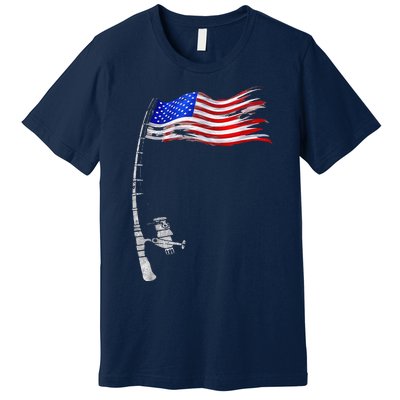 Vintage Fishing Rod American Flag Funny Fishing Gift Premium T-Shirt