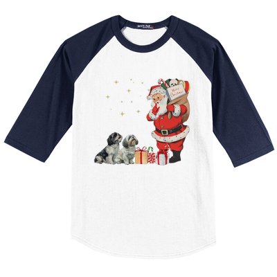 Vintage Funny Shih Tzu Dog And Santa Clause Merry Christmas Baseball Sleeve Shirt