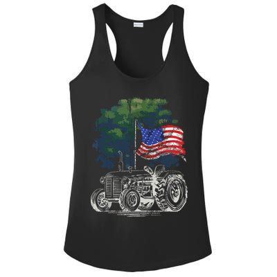 Vintage Farming Tractor American Flag Patriotic Farmer Farm Ladies PosiCharge Competitor Racerback Tank
