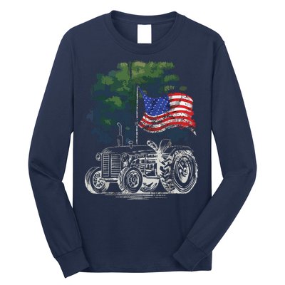 Vintage Farming Tractor American Flag Patriotic Farmer Farm Long Sleeve Shirt