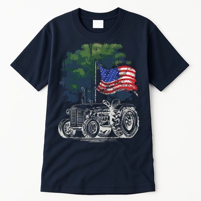 Vintage Farming Tractor American Flag Patriotic Farmer Farm Tall T-Shirt