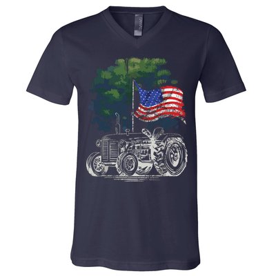 Vintage Farming Tractor American Flag Patriotic Farmer Farm V-Neck T-Shirt