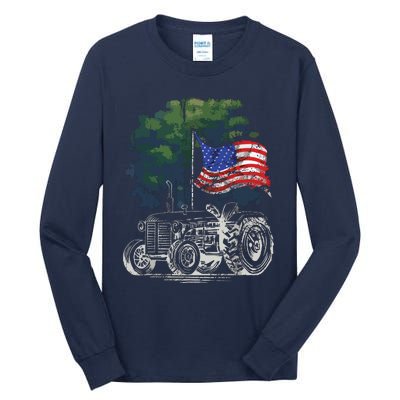 Vintage Farming Tractor American Flag Patriotic Farmer Farm Tall Long Sleeve T-Shirt