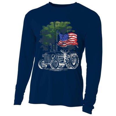 Vintage Farming Tractor American Flag Patriotic Farmer Farm Cooling Performance Long Sleeve Crew