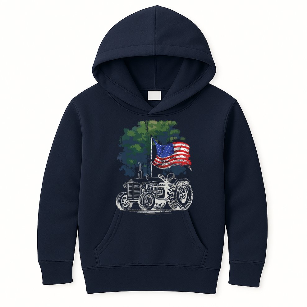 Vintage Farming Tractor American Flag Patriotic Farmer Farm Kids Hoodie