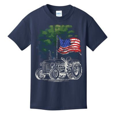 Vintage Farming Tractor American Flag Patriotic Farmer Farm Kids T-Shirt